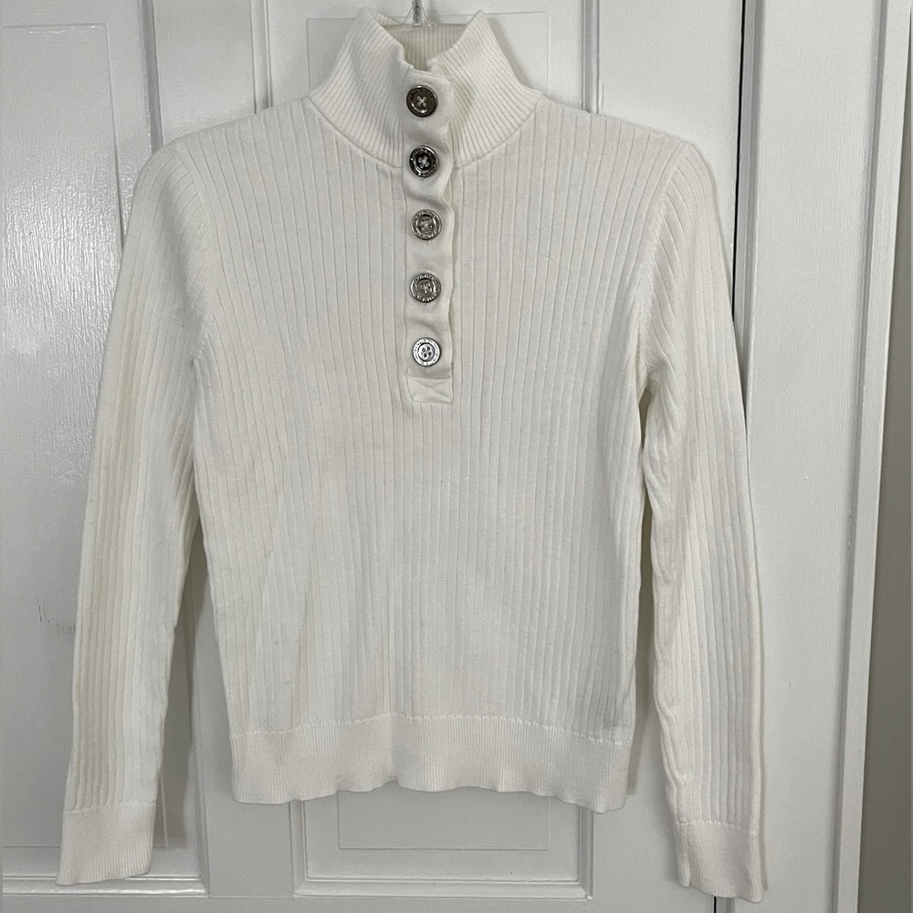 Ralph Lauren Jean Co White Ribbed 1/4 Button Up Sweater Size M Preppy Academia